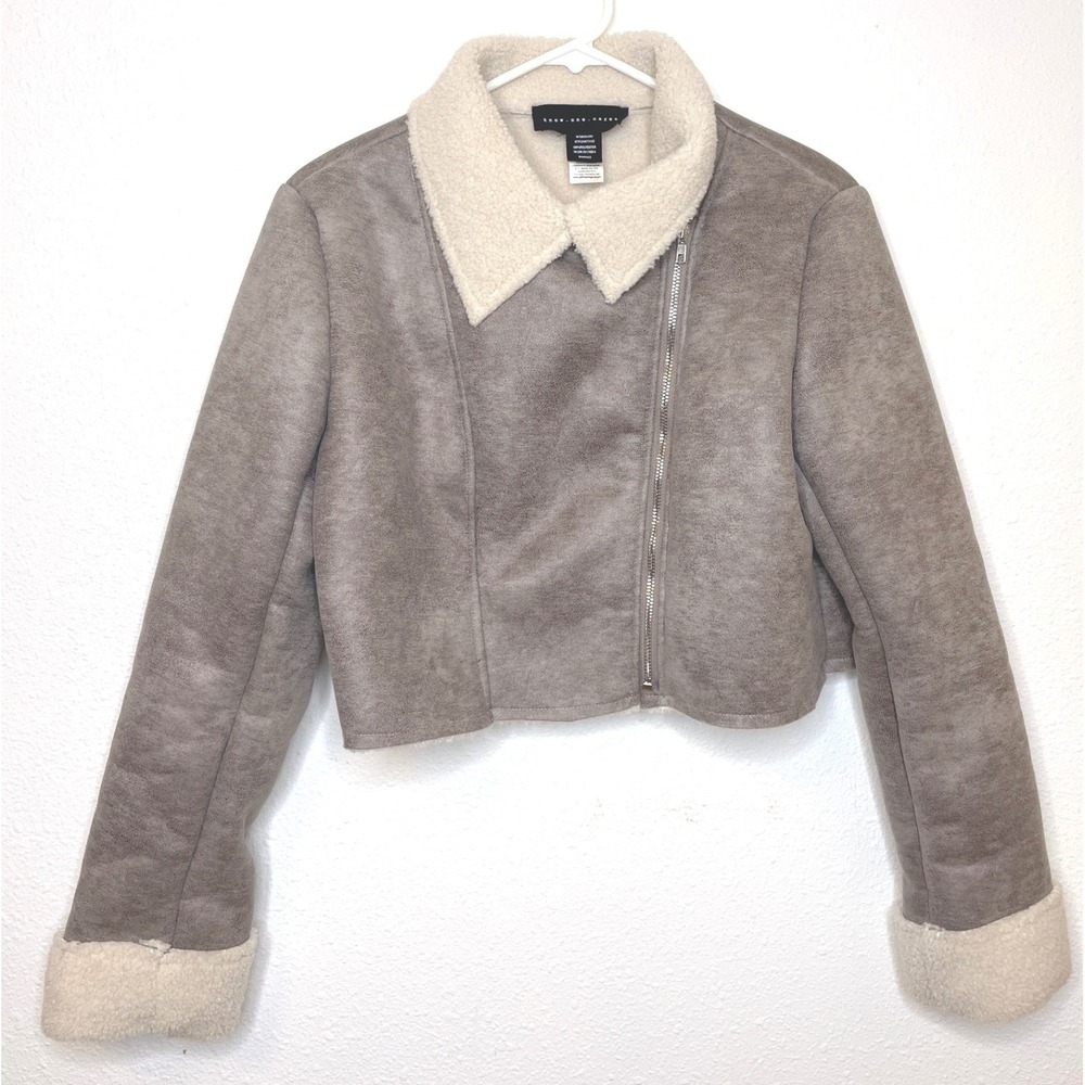 Women Jacket Faux Suede Shearling Moto Cropped Medium Grey Know One Cares